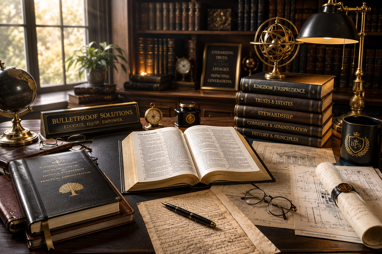 BulletProof Solutions study featuring books, research materials, Scripture, administrative plans, and tools of disciplined inquiry