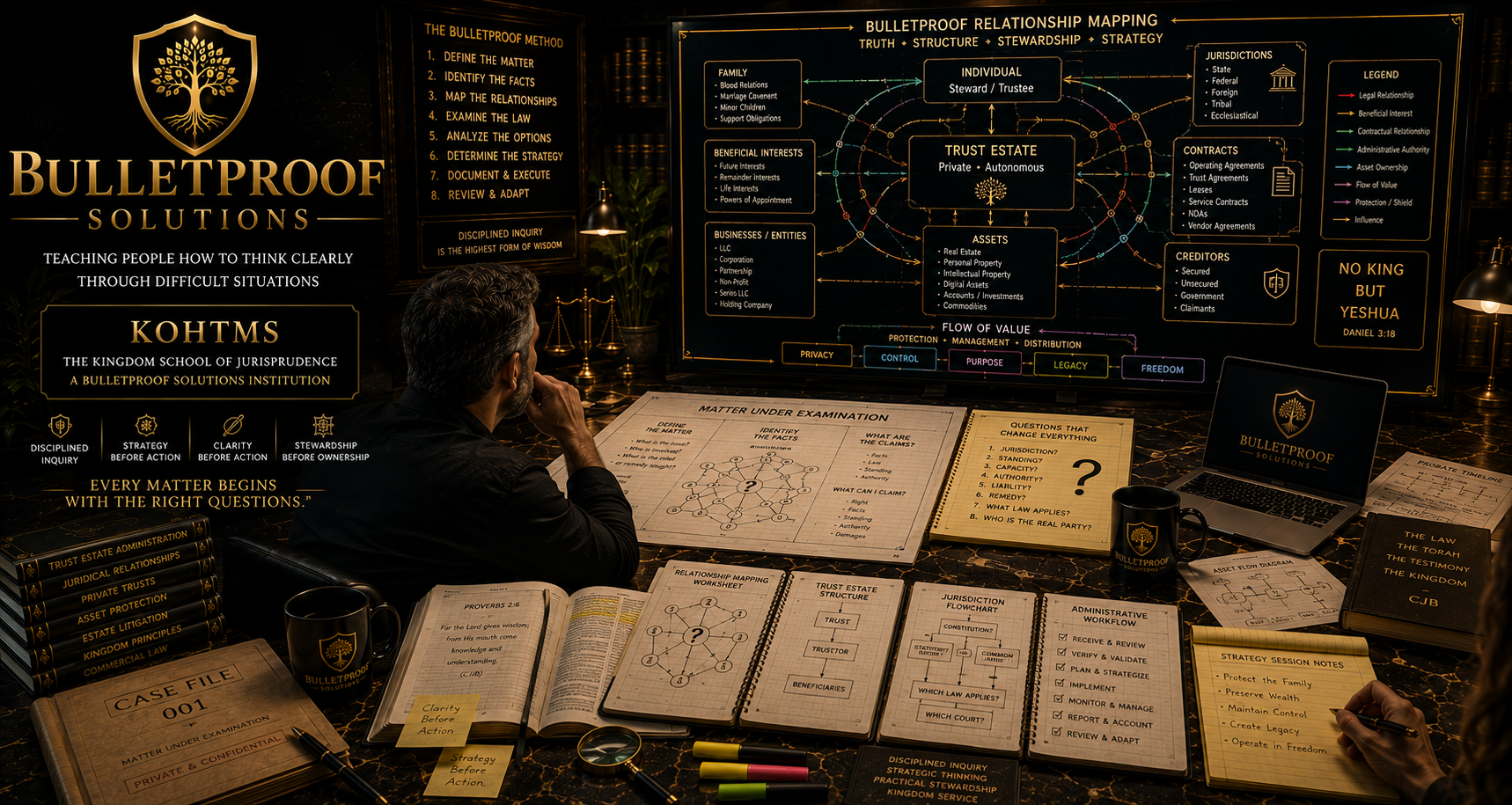 BulletProof Solutions strategy room focused on disciplined inquiry and relationship mapping