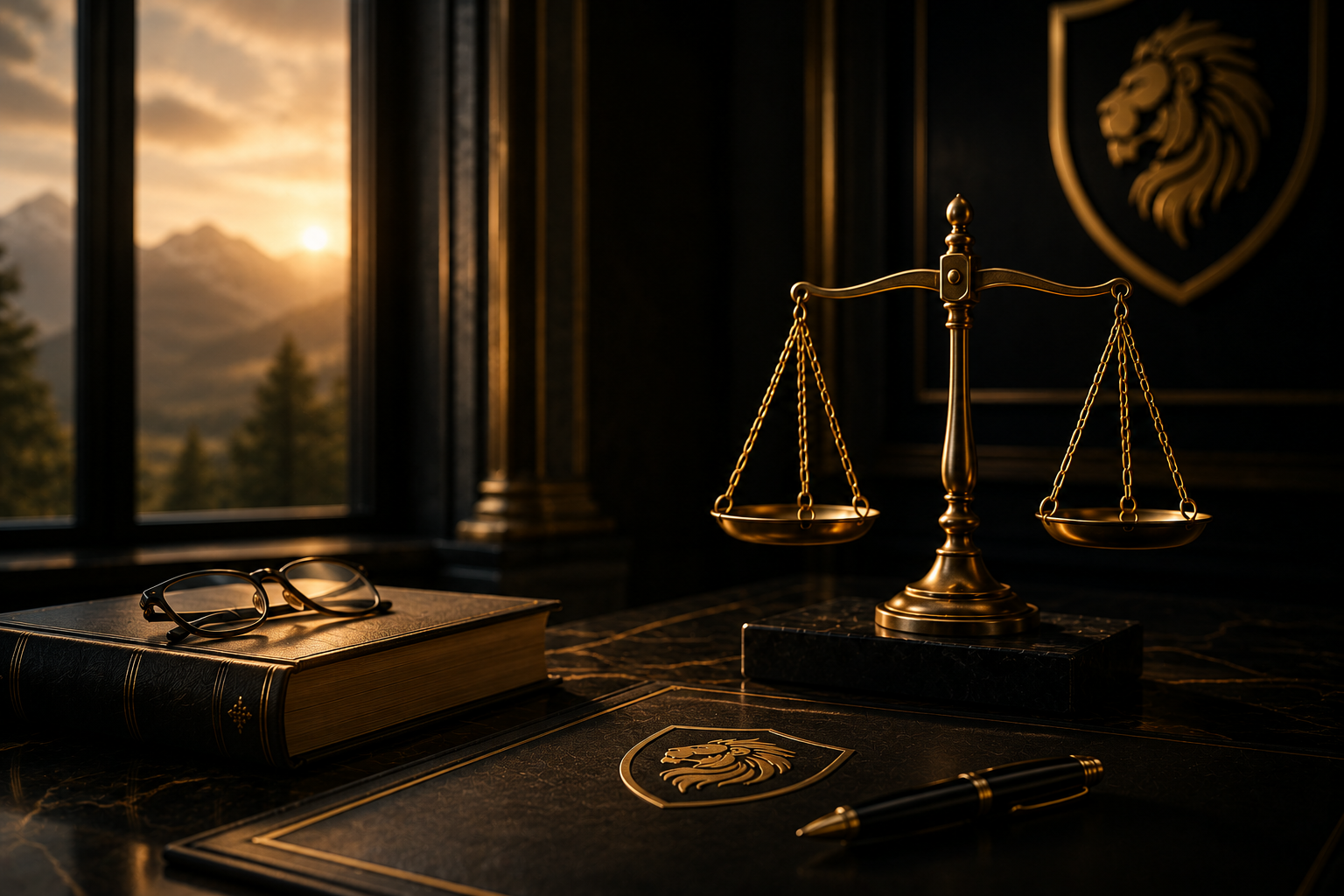A balanced scale, leather-bound book, writing instruments, and BulletProof Solutions lion emblem representing careful examination before action