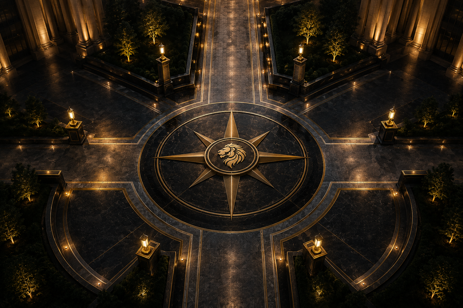 Four illuminated pathways extending from a central BulletProof Solutions lion medallion